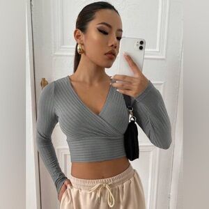 Shein Surplice Neck Rib-Knit Crop Tee